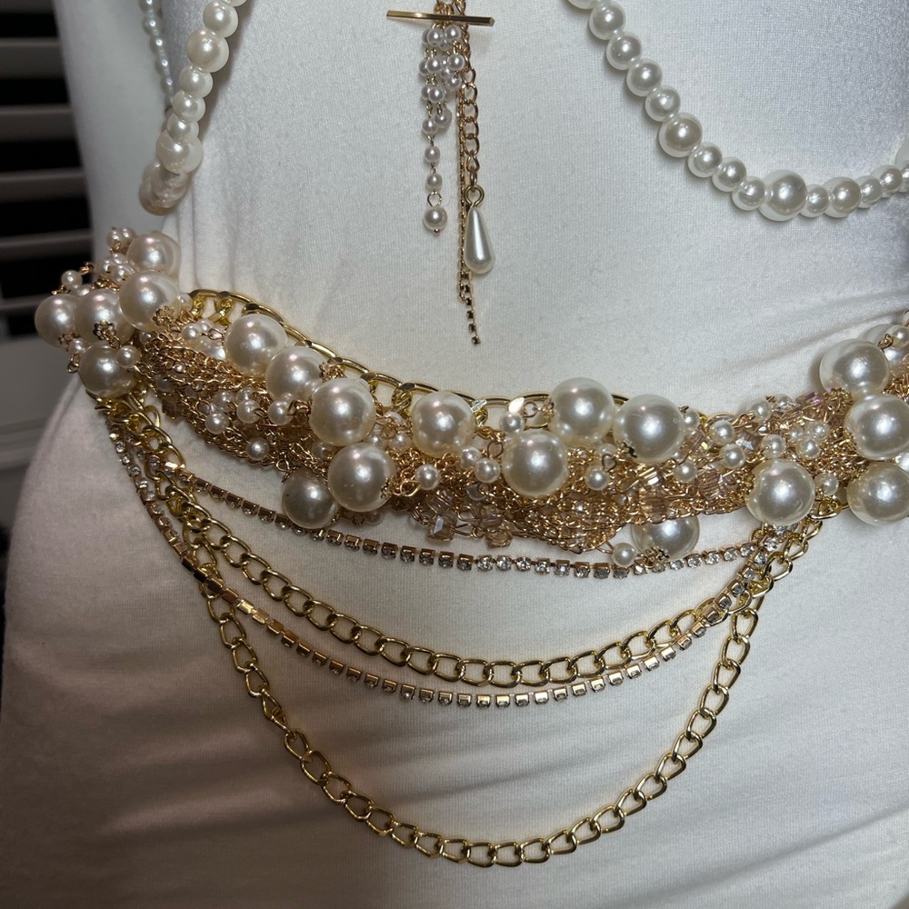 Elegant Vest and layered belt with Pearl and Gold Chain Accents